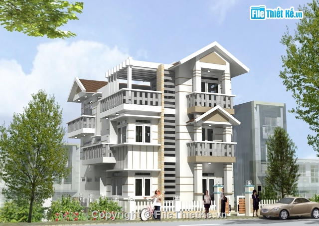 Bản vẽ biệt thự hiên đại 3 tầng kích thước 9x13m,biệt thự 3 tầng kích thước 9x13m có phối cảnh,bản vẽ biệt thự 3 tầng kt 9x13m